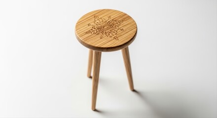 Fototapeta premium Handcrafted Miniature Wooden Stool with Engraved Snowflake Design for Holiday Decor
