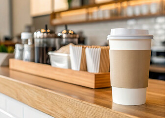 Photo of a paper coffee cup with a cardboard sleeve sits on a wooden counter in a bright cafe, with condiments and supplies neatly arranged in the background
