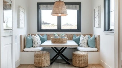 Dining nook in modern farmhouse with white oak floors, light blue accents, black window, square table, bench seating with wicker baskets and turquoise pillows, pendant lighting, farmhouse decor