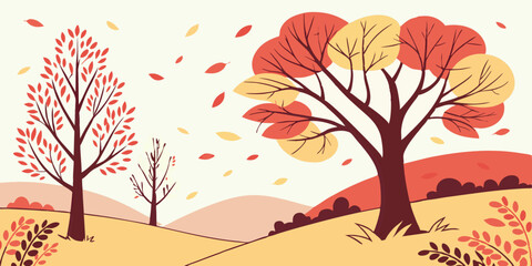 Whimsical Autumn Forest Landscape A Charming Illustration of Falling Leaves and Colorful Trees