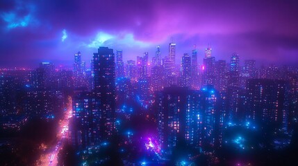 Fototapeta premium Aerial view of a vibrant, neon-lit city at night