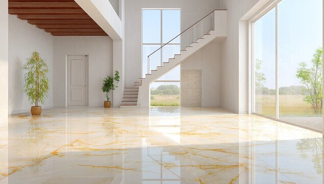 Modern Open Plan Living Room With Marble Floor And Large Windows