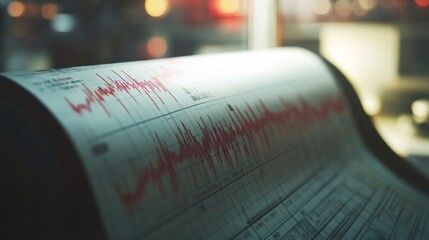 Seismograph needle drawing seismic waves on a roll of paper, recording ground motion during an earthquake event, providing crucial data for geologists and scientists