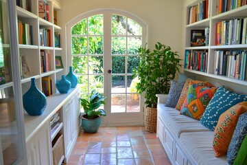 Small sunroom with white cabinets and shelves, brown ceramic tile floor, colorful pillows, large window, arched glass door to garden, blue vases, green plant, and bookshelves filled with books
