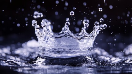 Frozen crown-shaped water splash at the moment of impact, translucent icy arcs, scattered water droplets, vivid lighting, dark dramatic backdrop, ultra-detailed close-up