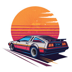 A vibrant synthwave-styled sports car races towards a pixelated sun setting over a stylized, isolated island.  Retrofuturistic aesthetic.
