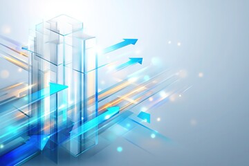 Futuristic business background with glass panels and growth arrows in blue
