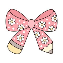 Coquette pencil bow clipart, Cute teacher pencil, Teacher Appreciation, Back to school hand drawn vector illustration in flat style