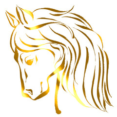 午年、年賀素材、筆タッチの馬の横顔イラスト_ゴールド