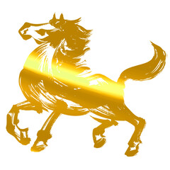 午年、年賀素材、筆タッチの馬のシルエットイラスト_ゴールド