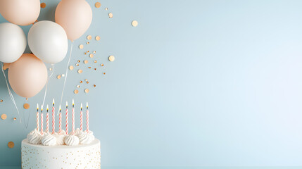 Birthday Cake with Balloons and Candles On Sky Blue Background With copy space.	