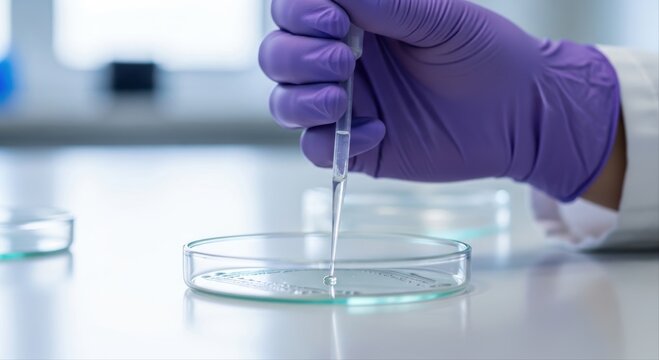 Scientist in purple glove using pipette to drop liquid into petri dish in laboratory
