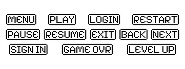 Retro pixel art game buttons. 8 bit vector interface kit. Play, pause, login, game over symbols. © Bogdan