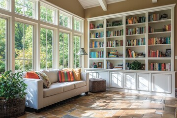 Sunroom with white cabinets and bookshelves, tan walls, brown tile floor, colorful accents, sofa, and large windows