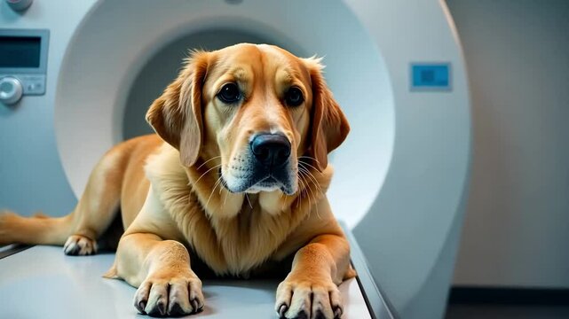 Golden retriver dog is on a table before scanning in MRI in veterinary clinic. Banner veterinary	