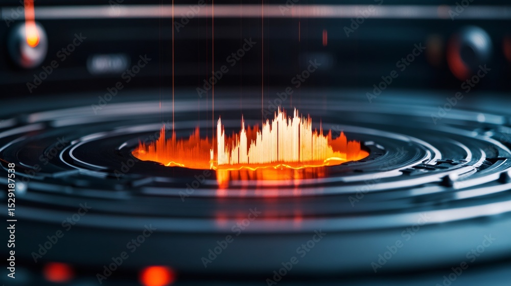 Poster glowing seismic waves are spreading on a futuristic seismograph, indicating an earthquake, potential