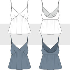 Women satin blouse technical fashion sketch, illustration. Relaxed fit Bustier drawing. Front and back view, women CAD, mockup set.
