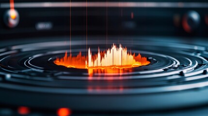 Glowing seismic waves are spreading on a futuristic seismograph, indicating an earthquake, potentially causing destruction and highlighting the power of nature