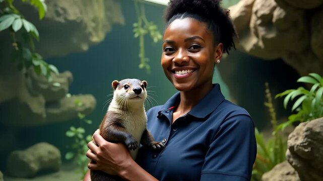 beautiful woman afroamerican zookeeper holds an otter in her hands 