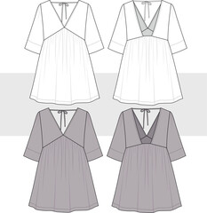 Women V-neck long bell sleeve mini dress with bow detail. Technical flat sketch fashion drawing, illustration, vector. Front and back view, Cad, Mockup set.