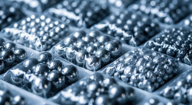 Close up of polished metallic spheres or ball bearings neatly packaged in clear plastic bags
