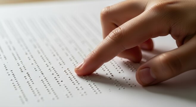 Child hand reading Braille text on a white page, emphasizing accessibility and tactile learning