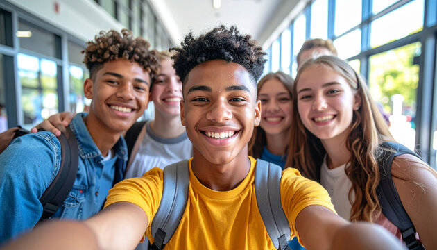 Un grupo de jovenes amigos compañeros de colegio haciendo un selfie sonrientes y felices en concepto de amistad compañerismo felicidad y relaciones humanas