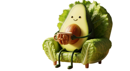 A relaxed and contented avocado character comfortably seated in a cozy armchair made entirely of lettuce leaves, enjoying a warm drink from a mug, symbolizing comfort, healthy living, and relaxation