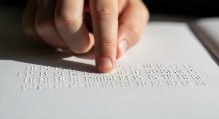 Child hand reading Braille text on a white page for visually impaired education