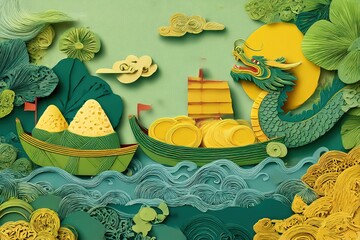 Dragon Boat Festival vector with rice dumplings and festive waves in paper-cut style
