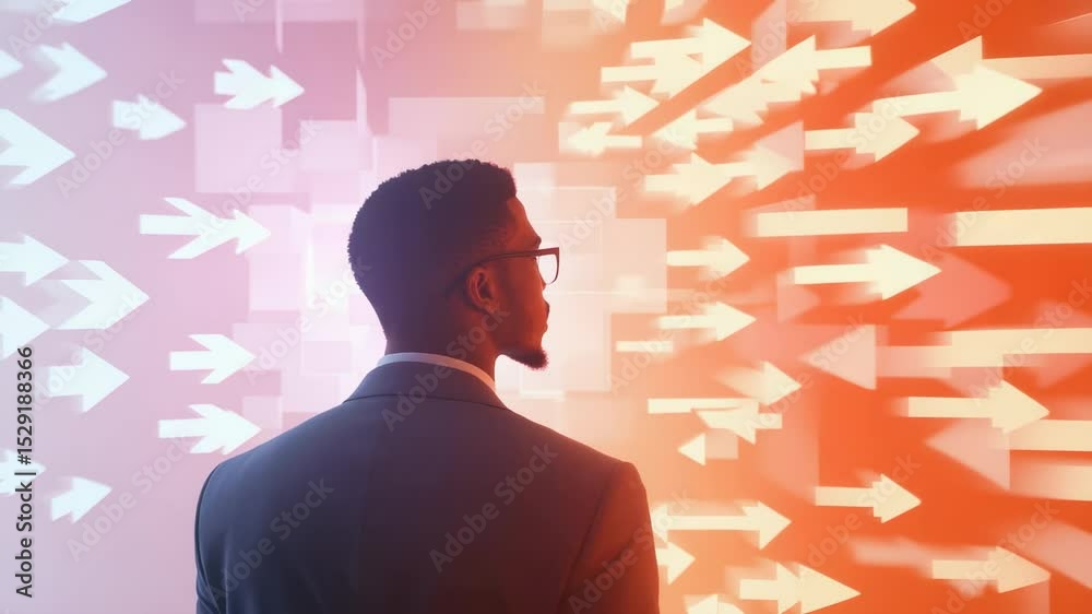 Poster Professional businessman analyzing multiple directional arrows, representing complex strategic decision making in corporate environment with visual complexity