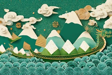 Dragon Boat Festival vector with rice dumplings and festive waves in paper-cut style
