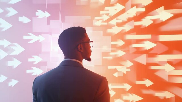 Professional businessman analyzing multiple directional arrows, representing complex strategic decision making in corporate environment with visual complexity