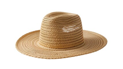 A woven straw hat with a wide brim sitting on a white background in a studio setting view