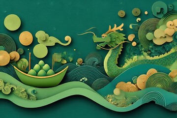 Dragon Boat Festival vector with rice dumplings and festive waves in paper-cut style
