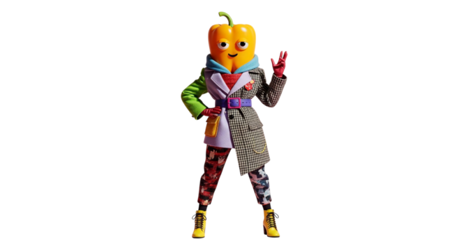 A fashion-forward orange bell pepper character with vibrant personality, adorned in a eclectic and colorful outfit featuring a coat, scarf, patterned pants, and yellow boots, striking a cheerful pose