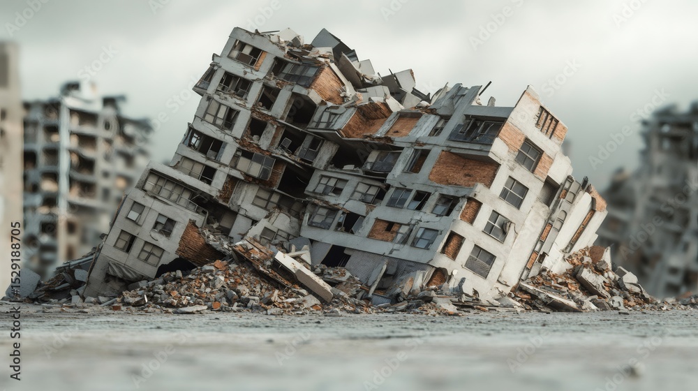 Aufkleber powerful earthquake causing destruction, collapsing residential buildings and creating rubble in a c
