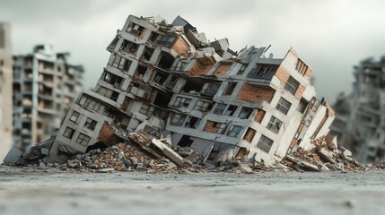 Powerful earthquake causing destruction, collapsing residential buildings and creating rubble in a city center, highlighting nature's devastating impact