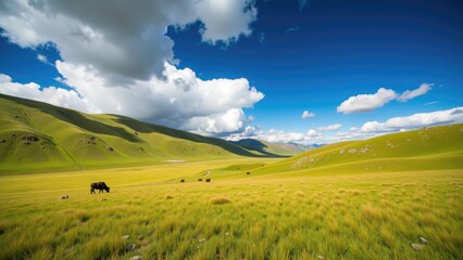 Golden Pastures: Cattle Grazing Across Endless Green Steppes