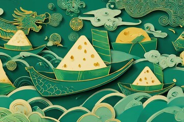 Dragon Boat Festival vector with rice dumplings and festive waves in paper-cut style
