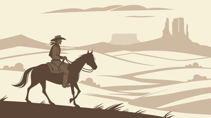 A silhouette of a cowboy riding a horse across the desert at sunset