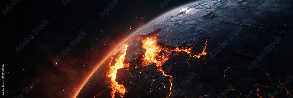 Poster Seismic waves are causing cracks on the surface of planet earth during a devastating earthquake, with magma coming out from the faults and creating a dramatic and apocalyptic scene