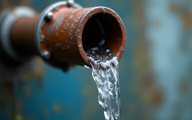 Water leaking  from industrial metal pipe, close up highlighting fluid dynamics, texture. Ideal for plumbing, infrastructure, water conservation, engineering, industrial themes. High quality