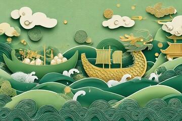 Dragon Boat Festival vector with rice dumplings and festive waves in paper-cut style

