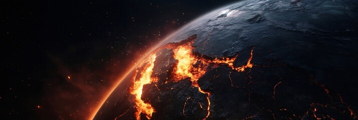 Seismic waves are causing cracks on the surface of planet earth during a devastating earthquake, with magma coming out from the faults and creating a dramatic and apocalyptic scene