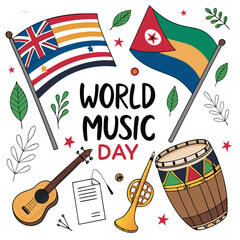 Design a vibrant World Music Day  graphic featuring diverse flags and various cultural instruments.  Include a celebratory and global feel.
