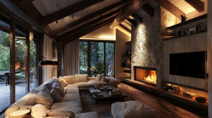 Rustic living room with high ceilings, white walls, dark wood floors, stone tile fireplace, large windows, warm ceiling and floor lighting, and cozy coffee table
