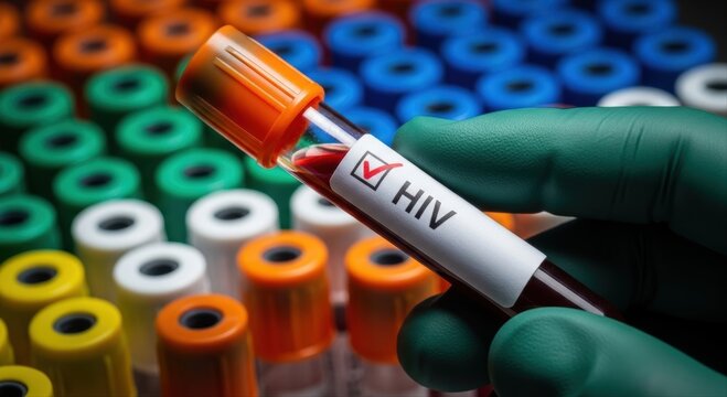 Gloved hand holding a blood sample tube with a positive HIV test result