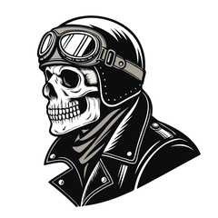 A detailed illustration of a biker skull wearing aviator goggles and a worn leather jacket, isolated on a white background.