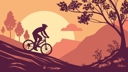 Silhouette of a cyclist on the road during sunset, a striking black vector illustration of a man riding a bicycle